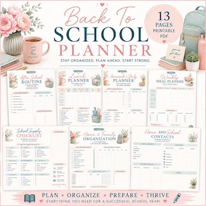 May include: A 13-page printable PDF back to school planner set featuring various organizational templates including an after school routine, lunch planner, homework and study planner, weekly meal planner, school supply checklist, and home contacts.