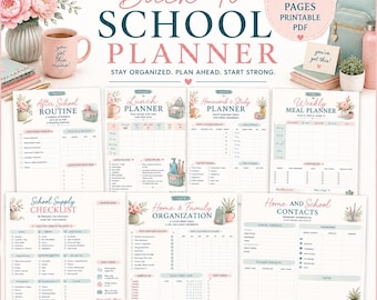Planificador imprimible para la vuelta al cole / Centro de organización escolar para mamás / Organizador familiar / Lista de útiles escolares / Planificador de tareas y comidas