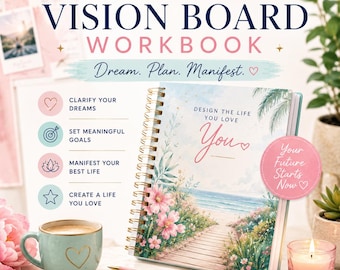 Guía de manifestación, cuaderno de trabajo para tablero de visión, tablero de visión en formato de cuaderno de trabajo, planificador de objetivos de vida soñados, planificador de tablero de visión para la manifestación de la vida soñada