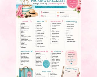 Lista de equipaje para vacaciones en la playa, lista de verificación para planificar la playa, planificador de viajes de vacaciones, lista de verificación para vacaciones en la playa, planificador de viajes para chicas, lista de cosas por hacer