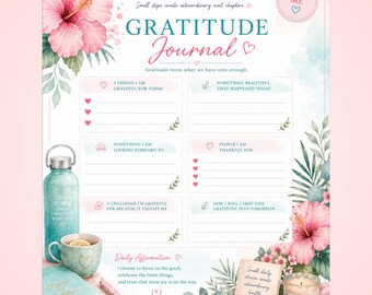 Diario de gratitud imprimible / Hoja de trabajo diaria de gratitud para mujeres / Diario de autocuidado / Planificador de atención plena / Diario de bienestar