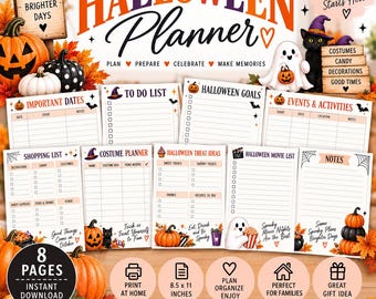Planificador de Halloween imprimible / Planificador de fiesta de Halloween de 8 páginas / Lista de deseos de Halloween / Planificador de disfraces / Lista de compras de Halloween