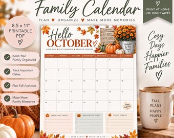 October Family Calendar Printable 2026, Fall Monthly Planner, Family Schedule Calendar, October Planner, Autumn Printable, Instant Download