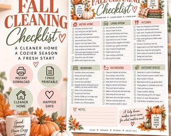Lista de limpieza de otoño imprimible / Lista de limpieza profunda de otoño / Planificador de limpieza del hogar de otoño / Lista de limpieza estacional para un hogar acogedor (PDF)