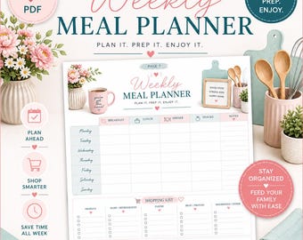Planificador de comidas semanal imprimible / Planificación de comidas y lista de compras / Planificador de comidas familiares / Planificador de cenas para mamás ocupadas / PDF