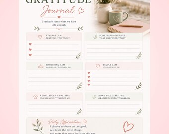 Diario de gratitud diario imprimible / Hoja de trabajo de gratitud / Planificador de autocuidado / Diario de bienestar para mujeres mayores de 40 / Material imprimible de atención plena