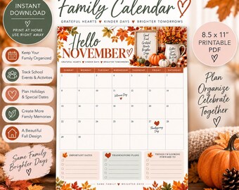 November Family Calendar Printable, Fall Monthly Planner, Thanksgiving Family Planner, 8.5x11 Calendar, Autumn Organizer, Instant Download