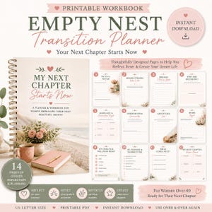 May include: A printable workbook titled Empty Nest Transition Planner with a spiral-bound cover featuring a beach scene, a pink mug, and a notebook. It includes 14 pages of guided reflection and planning templates for personal goal setting.