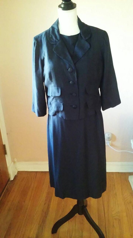 50s-60s Navy blue dress and jacket ensemble by Tra