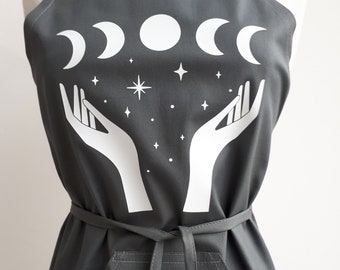 Dark grey apron with moon phases pattern , soft and resistant coton fabric, one size fit all, witchy apron, witchy cooking, made in canada