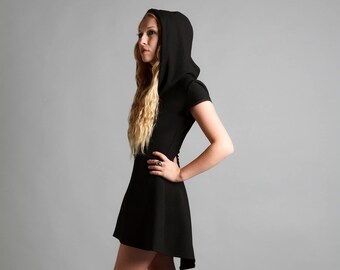 Black stretch tuni, polyester-spandex, short tunic with short sleeves, large slouchy collar that turns into a hood, with pockets