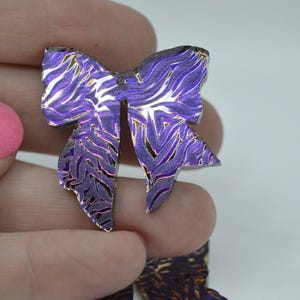 Gold Purple Tiger Stripes Coquette Bow Earring Blanks, blanks, earring supplies, diy, findings, acrylic blanks, sports, gameday, tigers