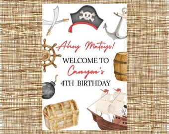 May include: Ahoy Mateys! Welcome to Canyon's 4th Birthday party invitation with a pirate ship, treasure chest, anchor, steering wheel, bomb, and pirate hat.