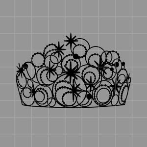 Puede incluir: Ilustración en blanco y negro de una corona con un diseño complejo. La corona presenta una serie de círculos, estrellas y detalles de cuentas, creando una apariencia detallada y ornamentada. El fondo es una cuadrícula gris claro.