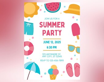 Summer Party Invite Template, Editable, Downloadable, Canva