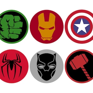 May include: Six circular designs featuring superhero emblems. Includes a green fist, Iron Man's mask, Captain America's shield, Spider-Man's spider, Black Panther's mask, and Thor's hammer.