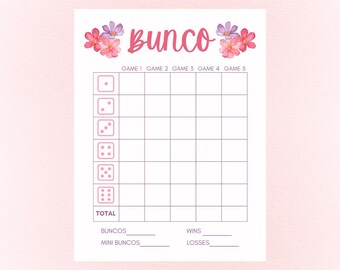 Pink and Purple Flowers Bunco Scorecard, PDF, JPG, PNG, Digital Download