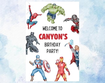 Affiche de bienvenue pour la fête d'anniversaire des Avengers, modifiable, téléchargeable
