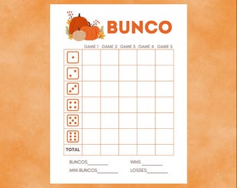 Pumpkin Fall Autumn Bunco Scorecard, PDF, JPG, PNG, Digital Download