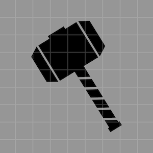 May include: A black silhouette of a hammer, featuring a rectangular head and a striped handle. The hammer is depicted on a gray grid background, creating a simple, graphic design.