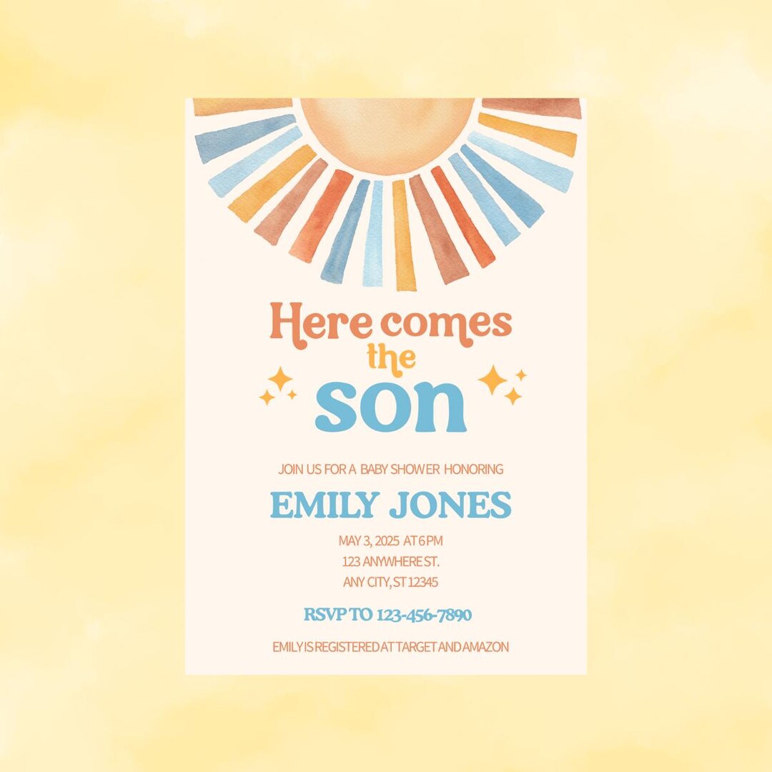 Here Comes the Son Baby Shower Invite, Editable, Downloadable, Canva Etsy