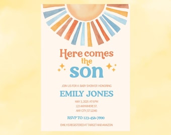 Invitation baby shower Here Comes the Son, modifiable, téléchargeable, Canva