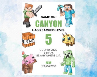 Invitation à une fête d'anniversaire de jeu vidéo sur le thème de la mine, modifiable, téléchargeable