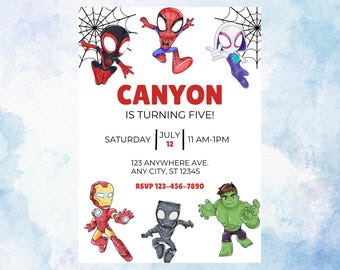 Invitation à une fête d'anniversaire Spidey, modifiable, téléchargeable