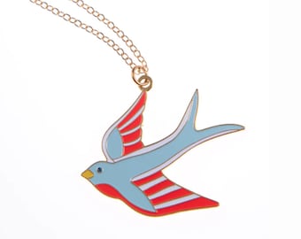 Swallow Bird Enamel Pendant Necklace, Gold Plated Tattoo Style Flying Bird Necklace, Unisex Necklace