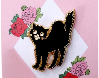 Black Cat Enamel Pin, Cute Scaredy-Cat Cat Pin, Black and Gold Lapel Pin Badge, Cat Gift