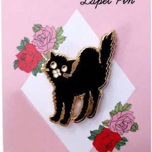 Black Cat Enamel Pin, Cute Scaredy-Cat Cat Pin, Black and Gold Lapel Pin Badge, Cat Gift