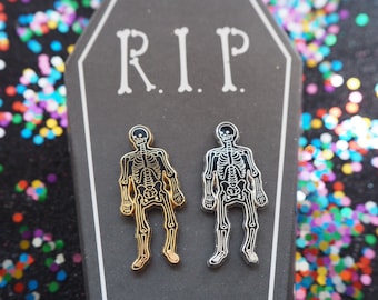Skeleton Lapel Pin, Skull pin, Bones Anatomical Black and Gold Pin, Black and Silver Pin, Gothic Alternative Valentines Gift, Halloween Pin