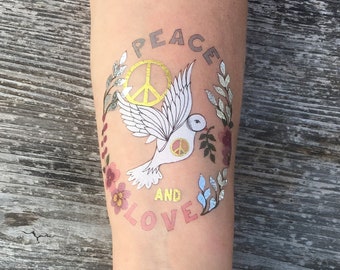 Peace and Love Birds A5 Temporary Tattoos, Peace Doves Fake Tattoos, Gold and White Hen Do Tattoos, Birthday or Christmas Gift For Her