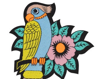 Colourful  Parrot Iron-on Patch, Patch for Customising a Jacket or Bag, Bird Patch, Birthday Gift, Patch for Bag, Bird and Flowers Patch