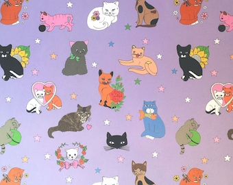 Cats Wrapping Paper Pack of 3 Sheets, Cat lover Lilac Illustrated Gift Wrap, Girl's Birthday Wrapping Paper