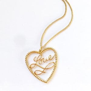 Gold Rope Love Heart Necklace, Gold Love Script Writing Necklace, Delicate Love Pendant Necklace, Gift For Her