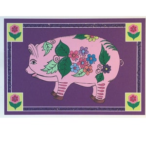 Cartão de porco mexicano, cartão de aniversário feito à mão com glitter, cartão de arte ilustrado com porco floral