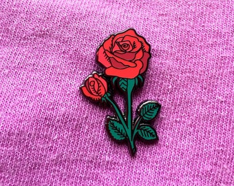 Red Rose Lapel Pin with Green Stem, Hard Enamel Pin, Valentines Gift For Her, Anniversary Gift