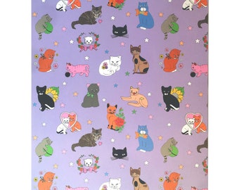 Cats Wrapping Paper Pack of 3 Sheets, Cat lover Lilac Illustrated Gift Wrap, Girl's Birthday Wrapping Paper