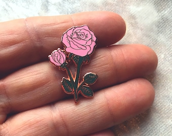 Pink Rose Enamel Pin, Rose Gold Plated Hard Enamel Flower Pin, Mother's Day, Valentines or Anniversary Gift