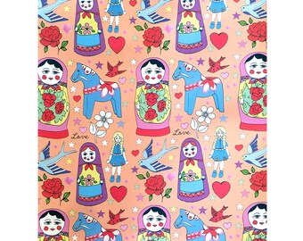Russian Dolls Wrapping Paper Pack of 3 Sheets, Love Heart Swedish Horse Pattern, Nesting Dolls Birthday Wrapping Paper