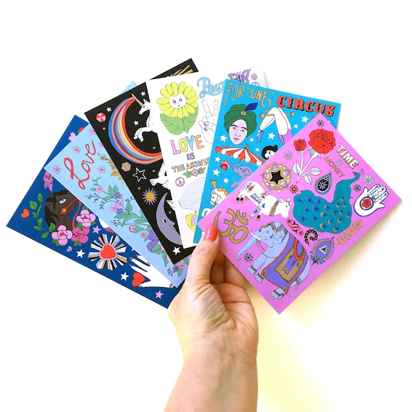 6 Colourful Assorted A6 Postcards, Thank-you Post Card Pack, Circus, Stars, Unicorn, Indian, Peace & Love, Mexican Skull, Mini Art Prints