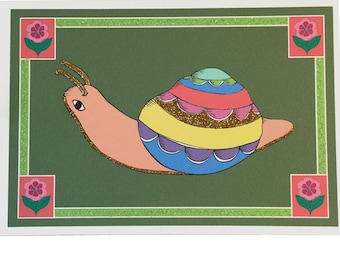 Colourful Snail Card, Gold Glitter Embellished Handmade Birthday Card, Rainbow Snail Illustrated Art Card