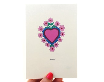 Amor mexikanische Herz-Karte, mexikanische Milagros Blumen-Herz-Karte für Geburtstag Valentines Jubiläum oder jeden Anlass