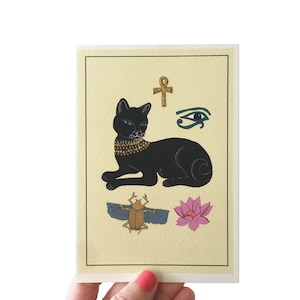 Carte de chat égyptien, carte de l'Egypte antique, carte d'oeil d'Horus, symbole d'Ankh de paillettes, carte, la déesse du chat Bastet carte faite à la main de paillettes égyptiennes