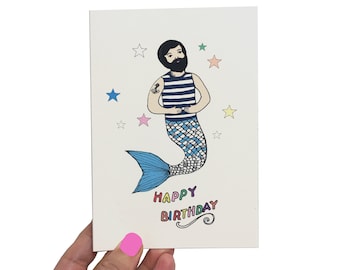 Carte d'anniversaire de triton, carte faite à la main d'homme barbu, carte de voeux scintillante irisée pour lui