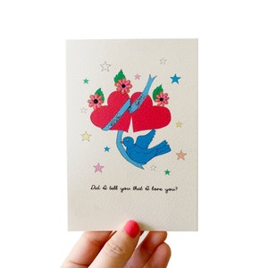 Biglietto di San Valentino Bluebird Ti ho detto che ti amo? Carta di anniversario illustrata fatta a mano per lui o per lei