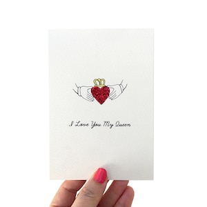 I Love You My Queen Valentines Card, Claddagh Ring Card, Valentines of Anniversary Card voor vriendin of vrouw, Glitter Heart Card