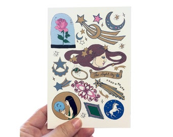 May include: A whimsical illustration featuring a woman with stars in her hair, a pink rose in a glass dome, a crescent moon, shooting stars, a unicorn, and the text "The Night Sky".