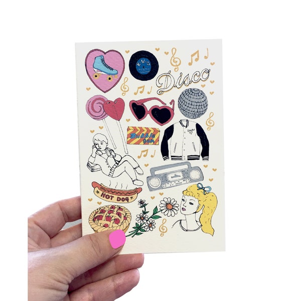 Teen Dreams Illustrated Birthday or Valentines Card, Disco 50's Grease Lightning USA High-School Card, Roller-skate and Lolita Glasses Card